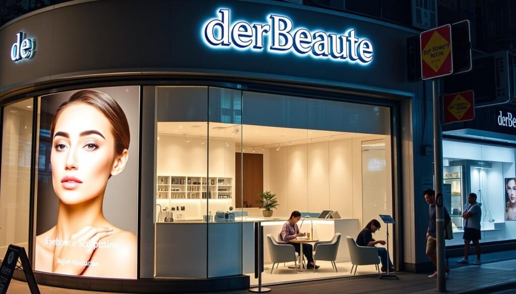 A bustling Hong Kong street corner, with a well-lit, chic storefront emblazoned with the brand name &quot;derBeaute&quot;. In the window display, a serene model showcases the salon's signature &quot;Eyebrow Sculpting&quot; service, her brows freshly reshaped and rejuvenated. Soft, warm lighting illuminates the minimalist, modern interior, where customers recline in comfortable chairs as experienced technicians deftly reshape and tint their brows. The atmosphere conveys a sense of tranquility and pampering, catering to a discerning, youthful clientele seeking a refined, age-defying aesthetic.