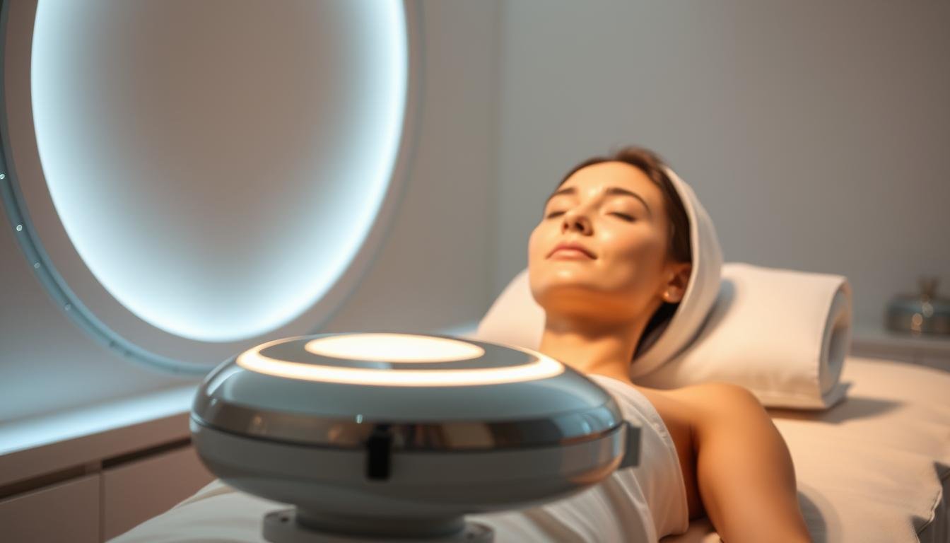 A glowing, futuristic medical spa set against a serene, minimalist backdrop. In the foreground, the Glowin Beaute Oligio X 原美電波device emits a gentle, therapeutic light. Sleek, metallic accents and clean lines evoke a sense of advanced technology and clinical precision. The middle ground showcases a serene, relaxed model receiving the Oligio X 原美電波美容療程, their expression calm and rejuvenated. The background is a soft, muted palette, allowing the focus to remain on the device and the serene treatment experience. Dramatic, yet calming lighting casts a warm, natural glow, reflecting the wellness and rejuvenation promised by the Oligio X 原美電波療程.