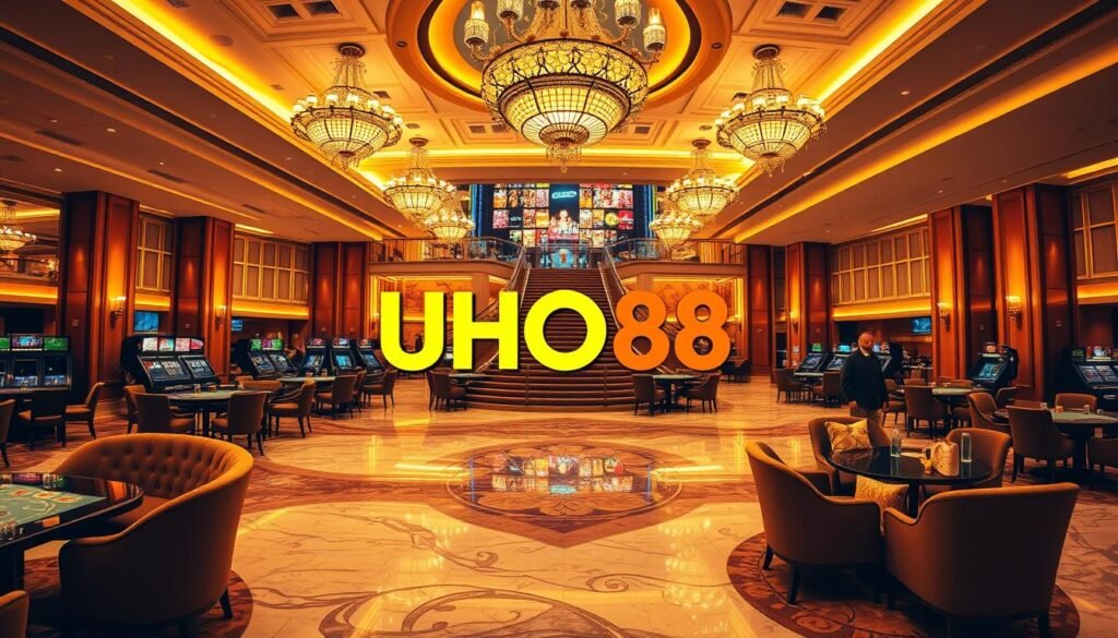 A lush, panoramic view of a meticulously designed casino lobby, bathed in warm, golden lighting. The polished marble floors reflect the ornate chandeliers overhead, while plush velvet couches and sleek gaming tables populate the foreground. In the background, a grand staircase leads to elevated VIP lounges, hinting at the exclusive experiences within. Prominently displayed is the striking "UHO88" brand logo, signifying the high-end entertainment and seamless financial transactions that define this premier gambling destination. The overall atmosphere evokes a sense of luxury, sophistication, and the thrill of possibility.