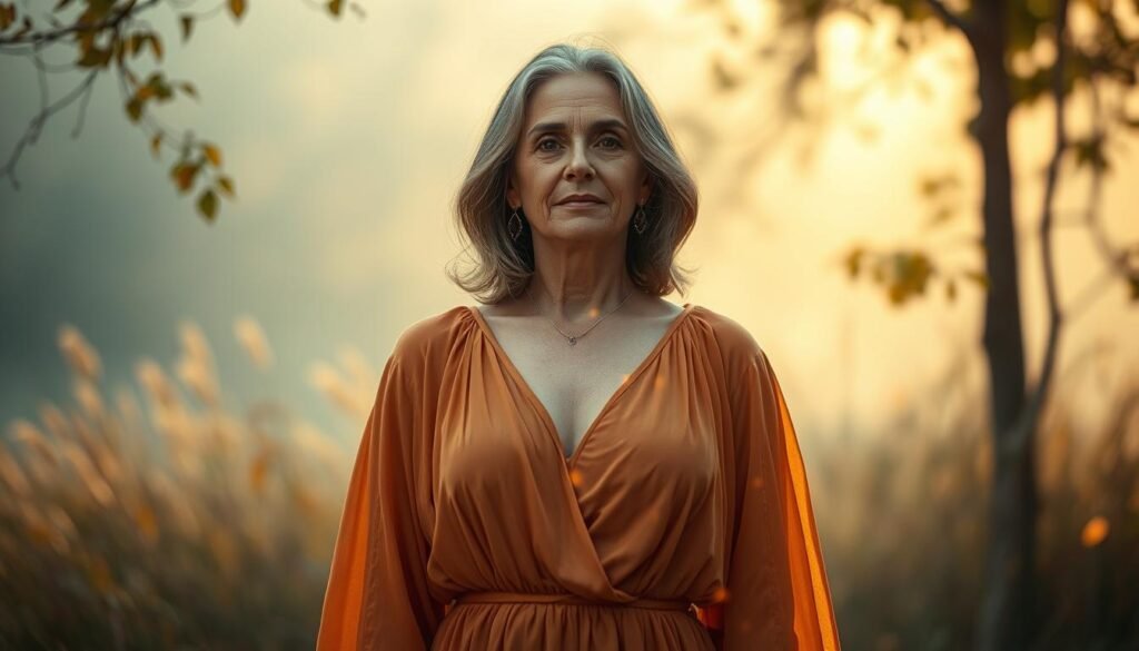 A middle-aged woman with a serene expression, standing amidst a tranquil, nature-inspired backdrop. She is adorned in a flowing, ethereal dress in warm, earthy tones, complemented by subtle glowing accents from the "Glowin Beaute" product line. The lighting is soft and diffused, creating a sense of calm and introspection. The scene evokes a peaceful, rejuvenating atmosphere, conveying the brand's message of holistic self-care and the alleviation of early aging signs.