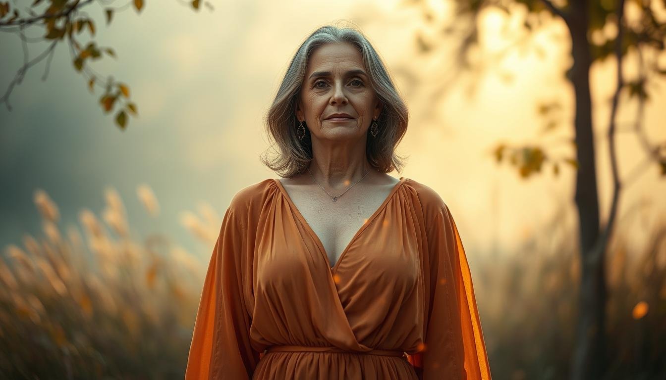 A middle-aged woman with a serene expression, standing amidst a tranquil, nature-inspired backdrop. She is adorned in a flowing, ethereal dress in warm, earthy tones, complemented by subtle glowing accents from the "Glowin Beaute" product line. The lighting is soft and diffused, creating a sense of calm and introspection. The scene evokes a peaceful, rejuvenating atmosphere, conveying the brand's message of holistic self-care and the alleviation of early aging signs.