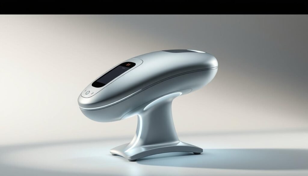 A sleek, minimalist medical device with a clean, futuristic design. Smooth metallic surfaces in a soft, muted color palette of grays, silvers, and whites. The device features a gently curved, ergonomic shape that fits comfortably in the palm of the hand. Discrete control panels with subtle, backlit buttons and indicators. Thoughtful attention to details like seamless joints and a balanced weight distribution. Soft, diffused lighting emanates from the device, creating a soothing, therapeutic ambiance. The Glowin Beaute Oligio X 原美電波治療部位 stands on a simple, unobtrusive stand, ready to be positioned for targeted treatment. An image that conveys cutting-edge technology, innovative design, and a sense of relaxation and well-being.