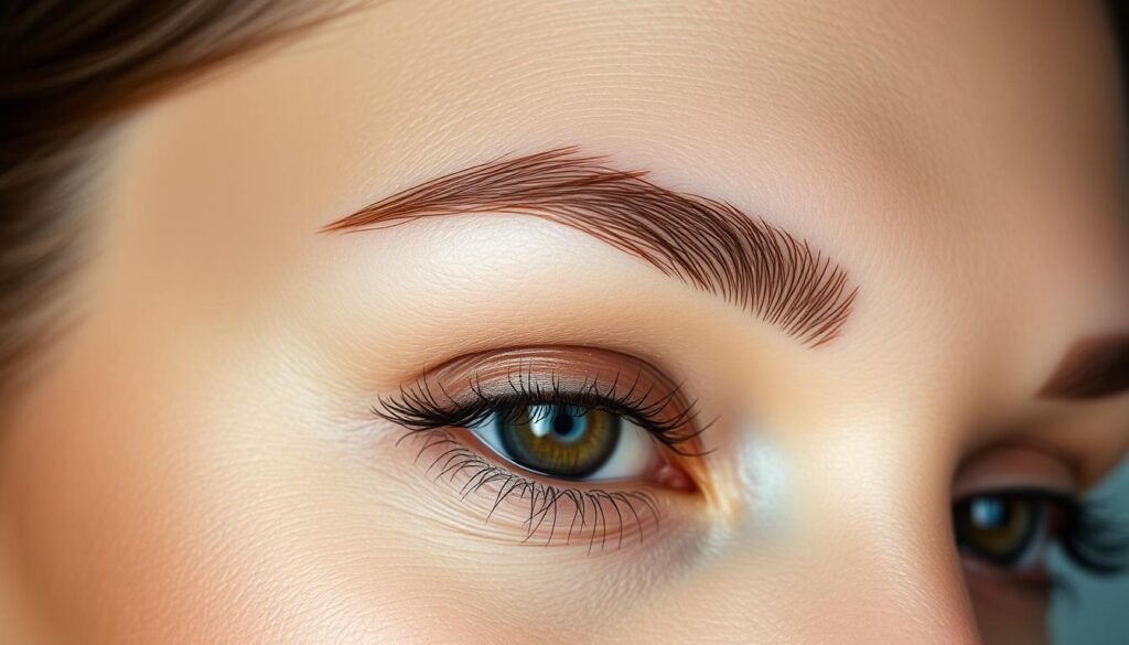 Intricate close-up portrait of a woman's eyebrow area, showcasing the innovative "derBeaute" laser brow reshaping technique. Soft, diffused lighting accentuates the delicate skin texture and contours. Precise, feathered brow hairs are meticulously styled, creating a natural, youthful appearance. The brow's arch is gently lifted, restoring a vibrant, awake expression. Subtle highlights on the brow bone and inner corner of the eye add depth and dimension. The composition is framed to emphasize the transformative power of this avant-garde brow rejuvenation procedure.