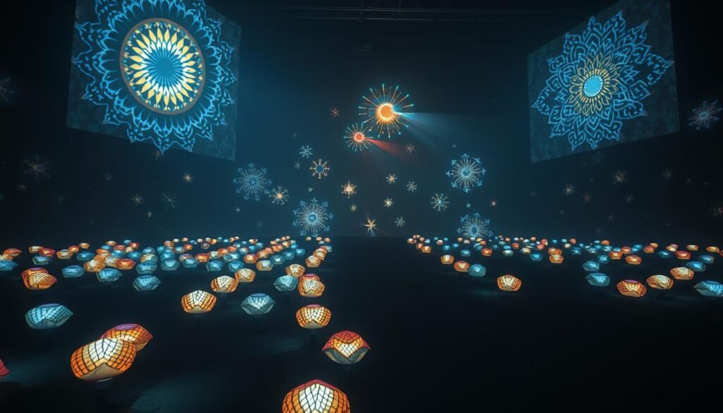 A dazzling display of "投影燈藝術" unfolds before the viewer, showcasing the harmonious fusion of light and creativity. In the foreground, a mesmerizing array of Aloha-branded projection lamps cast vibrant, ever-changing patterns and shapes onto a vast, shadowy canvas. The middle ground reveals intricate, abstract designs that dance across the walls, floor, and ceiling, their movements evoking a sense of ethereal wonder. In the background, a dim, atmospheric lighting sets the stage, creating a captivating and immersive environment that transports the observer into a realm of boundless artistic expression. The overall mood is one of awe-inspiring beauty, where the boundaries between art and technology blur, unleashing a symphony of light and imagination.