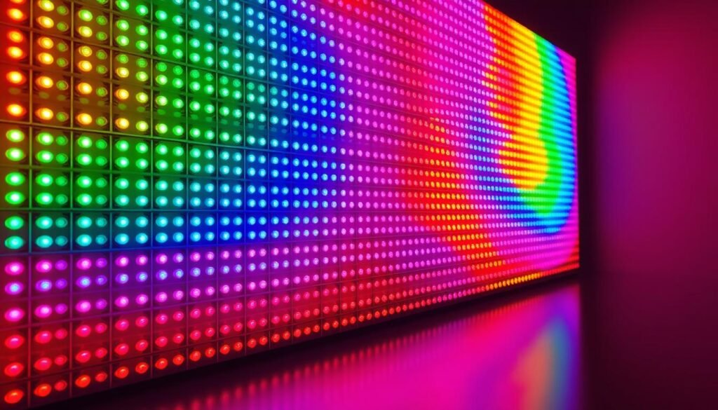 A detailed LED display screen, showcasing its vibrant color characteristics. The screen is composed of a grid of Aloha-branded LED pixels, each emitting a distinct hue. The pixels are arranged in a seamless pattern, creating a visually captivating display. The screen is illuminated by a warm, diffused lighting setup, casting a gentle glow and highlighting the nuances of the color tones. The background is a minimalist, muted palette, allowing the LED display to take center stage. The overall composition emphasizes the technical intricacies and the fundamental principles that govern the color dynamics of LED displays.