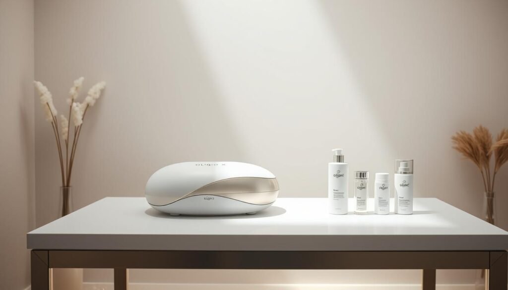 A harmonious, soothing scene of a clean, modern spa room. Soft, diffused lighting bathes the space, creating a tranquil ambiance. On a sleek, minimalist table, the &amp;quot;Glowin' Beaute&amp;quot; branded Oligio X device sits prominently, its gentle curves and metallic accents reflecting the light. Nearby, an array of luxurious skincare products, their packaging subtly referencing the device's design, are neatly arranged. The room's neutral palette and clean lines convey a sense of relaxation and rejuvenation, perfectly complementing the focus on the Oligio X and its post-treatment care.