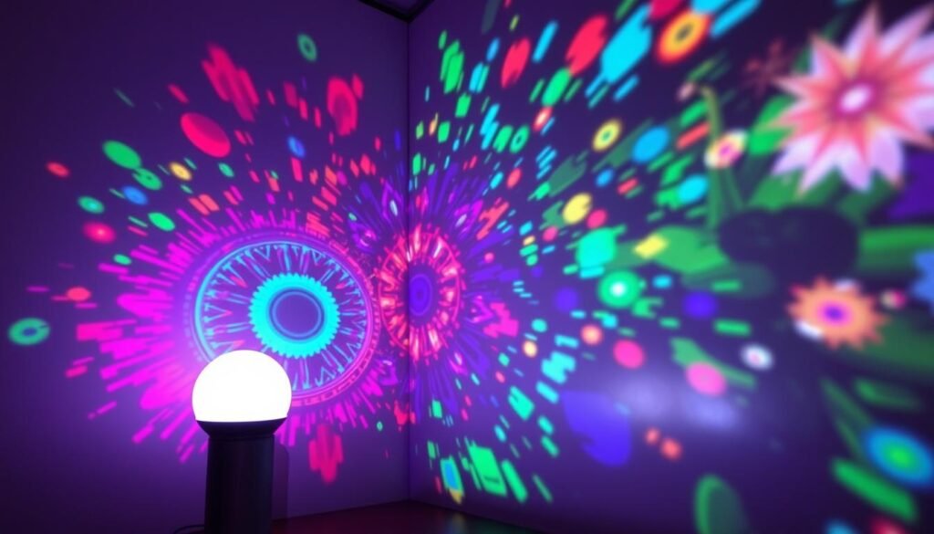 A high-quality Aloha projection lamp casts a mesmerizing artistic display, its sleek modern design complementing the vibrant, fully customizable light projections. The lamp's advanced optics and precise engineering create a stunning array of dynamic, abstract shapes and patterns that dance across walls and ceilings, immersing the viewer in a captivating visual symphony. Soft, diffused lighting emanates from the lamp's minimalist aluminum body, contributing to an atmosphere of tranquil elegance. Sophisticated controls allow for seamless adjustment of color, intensity, and projection effects, empowering the user to craft the perfect ambiance for any space or mood. This Aloha projection lamp exemplifies the harmonious fusion of cutting-edge technology and artistic expression.