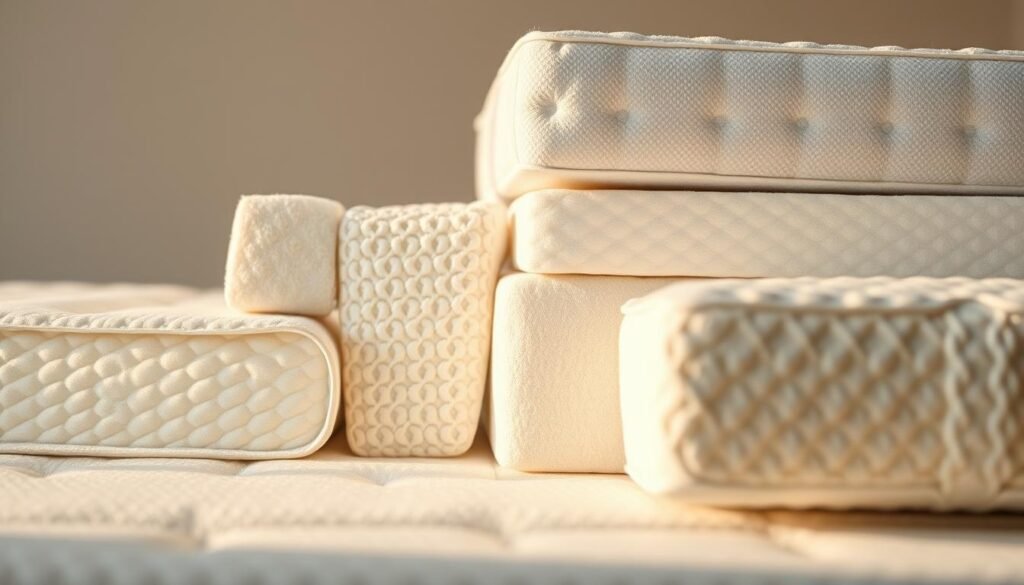 A high-quality, close-up photograph of various mattress materials arranged in a visually appealing composition, showcasing their distinct textures, densities, and properties. The materials should include memory foam, innerspring coils, latex, and high-density polyfoam, all presented against a neutral, minimalist background that allows the materials to take center stage. Warm, natural lighting should gently accentuate the unique features of each material, conveying a sense of quality, durability, and comfort. The overall image should embody the StylesMaven brand's commitment to thoughtful, informative product showcasing.