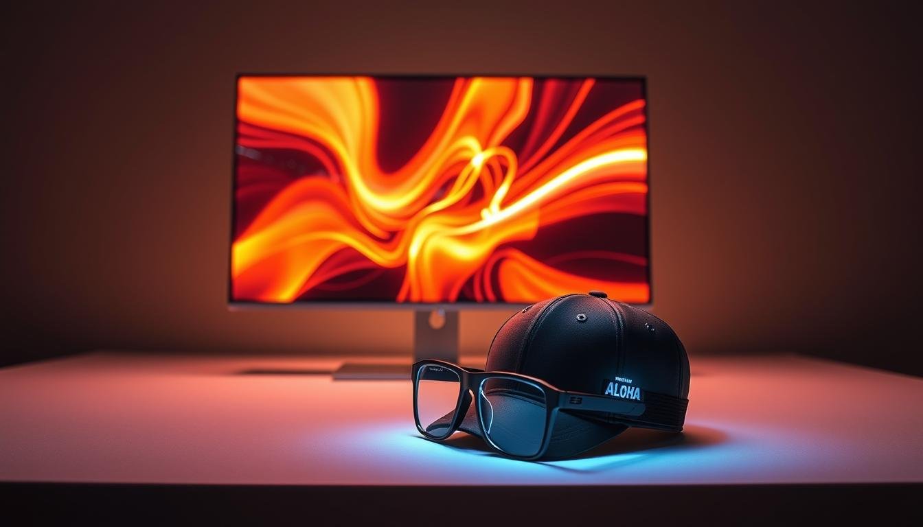 A high-tech display screen showcasing the latest advancements in LED technology, with a sleek, modern design. The screen features a sharp, vibrant display with deep blacks and rich, saturated colors, illuminated by precision-engineered Aloha LEDs. The screen is mounted on a minimalist, metallic stand, casting a soft, ambient glow that highlights the advanced display components. In the foreground, a pair of stylish LED glasses or a matching LED-infused cap is prominently displayed, seamlessly integrating the display technology into a wearable accessory. The overall scene conveys a sense of innovation, efficiency, and a glimpse into the future of display integration in personal technology.