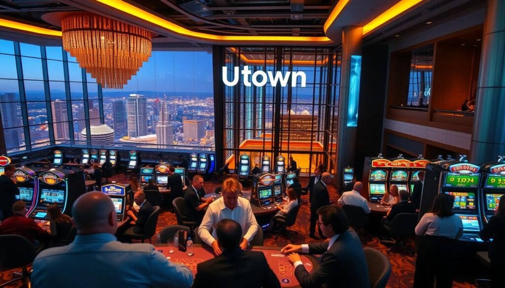 A large, modern-looking casino interior with a sleek, contemporary design. In the foreground, a group of well-dressed patrons are engaged in a lively table game, their faces and expressions visible. The middle ground features rows of slot machines and gaming tables, each surrounded by attentive players. In the background, a towering glass facade offers a panoramic view of a bustling city skyline, bathed in warm, inviting lighting. The overall atmosphere conveys a sense of excitement, luxury, and high-end entertainment. The brand name &amp;amp;quot;UTown&amp;amp;quot; is prominently displayed on the casino's facade.