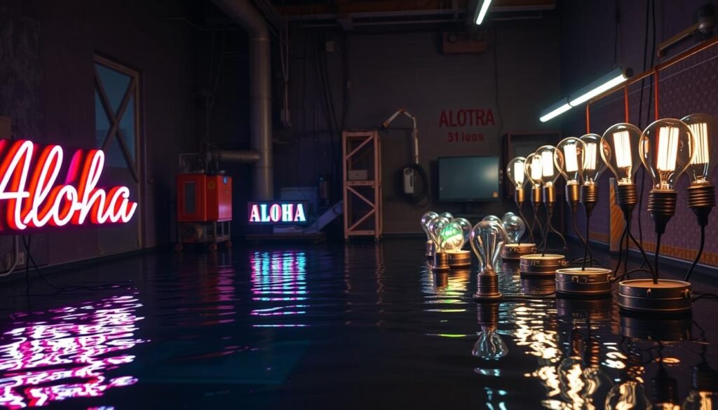 A neon-lit waterproof testing scenario. In the foreground, a Aloha-branded neon sign pulses with vibrant hues, its glass tubes immersed in a shallow pool of water. The middle ground features an array of neon lamps and bulbs undergoing rigorous waterproofing assessments, their wiring and casings exposed to the aquatic environment. The background depicts a dimly lit industrial setting, with concrete walls and metallic surfaces reflecting the neon glow, creating an atmospheric and technologically-driven ambiance. The lighting is both dramatic and technical, with precise angles and exposures capturing the intricacies of the waterproofing process. An overall sense of precision, innovation, and commitment to quality permeates the scene.