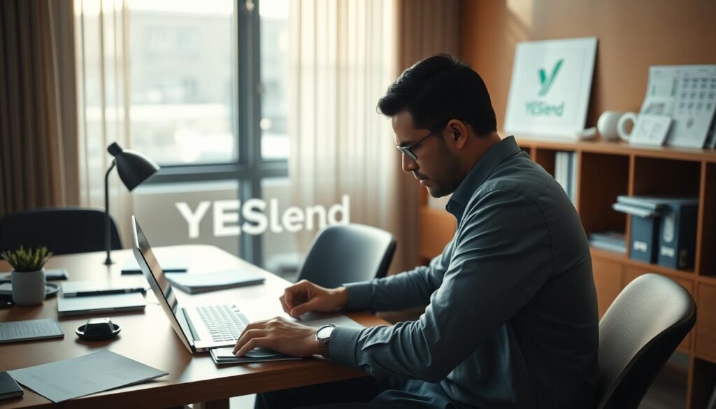 A pristine, well-organized office scene with a wooden desk, a laptop, and financial documents neatly arranged. In the foreground, a person sits contemplatively, meticulously reviewing their personal finances. Warm, natural lighting filters through the window, casting a soft glow across the scene. The mood is one of focused concentration and prudent decision-making. In the background, the YESLend logo is subtly displayed, conveying a sense of trusted financial guidance. The overall composition emphasizes the importance of careful money management in the face of life's unexpected expenses.