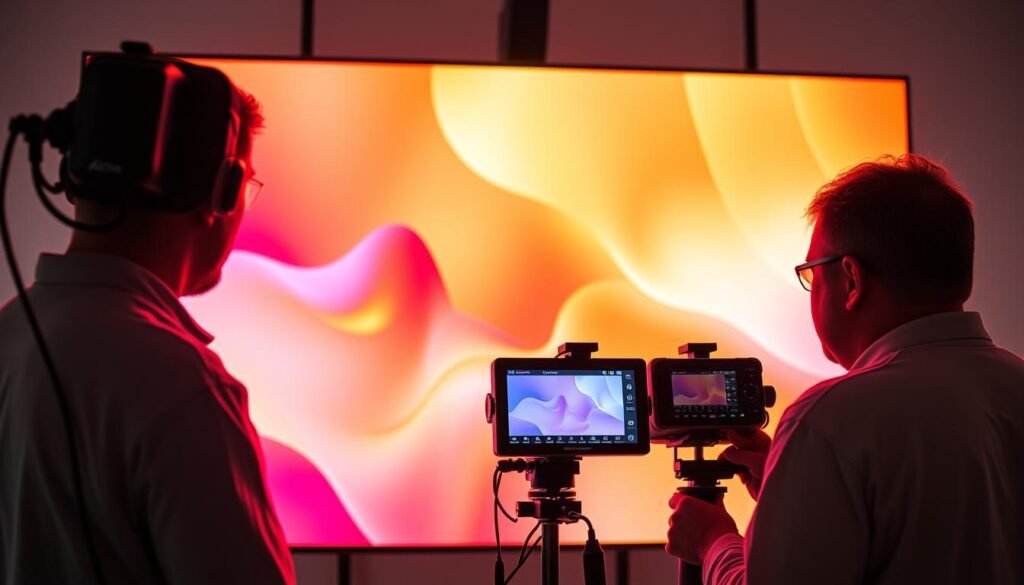A professional-grade LED display panel undergoing color calibration, with Aloha technicians carefully adjusting the RGB levels using specialized equipment. The display shows a vivid, life-like image with accurate, true-to-life color representation. Bright, diffused lighting illuminates the scene, creating a clean, modern atmosphere. The camera captures the setup from a slightly elevated angle, showcasing the technical details of the calibration process and the high-quality display panel.