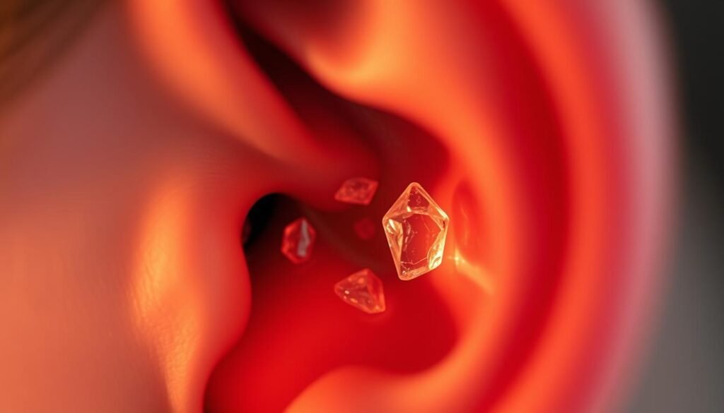 A serene close-up shot of a human ear, with the focus on the delicate otolith crystals (earstones) gently shifting back into their proper position within the inner ear. The lighting is soft and diffused, creating a warm, natural ambiance. The image is captured from a slightly elevated angle, highlighting the intricate structure of the ear canal and the curvature of the auricle. The overall composition conveys a sense of precision, balance, and the gentle restoration of vestibular function. The image should provide a visually compelling representation of the "earstone reposition" process, aligning with the theme of the article's section on dietary and lifestyle recommendations for vestibular disorder patients.