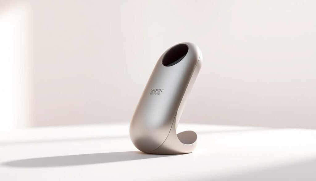 A sleek, minimalist product shot of a &amp;quot;Glowin' Beaute&amp;quot; branded Oligio X device against a soft, blurred background. The device is displayed in a clean, well-lit studio setting, showcasing its elegant, metallic form and sophisticated aesthetic. The device is positioned at a slight angle, casting a subtle shadow to accentuate its three-dimensional shape. The lighting is soft and diffused, creating a warm, inviting atmosphere. The camera angle is slightly elevated, providing a balanced, eye-level perspective. The overall composition is simple yet striking, allowing the Oligio X's refined design to take center stage.