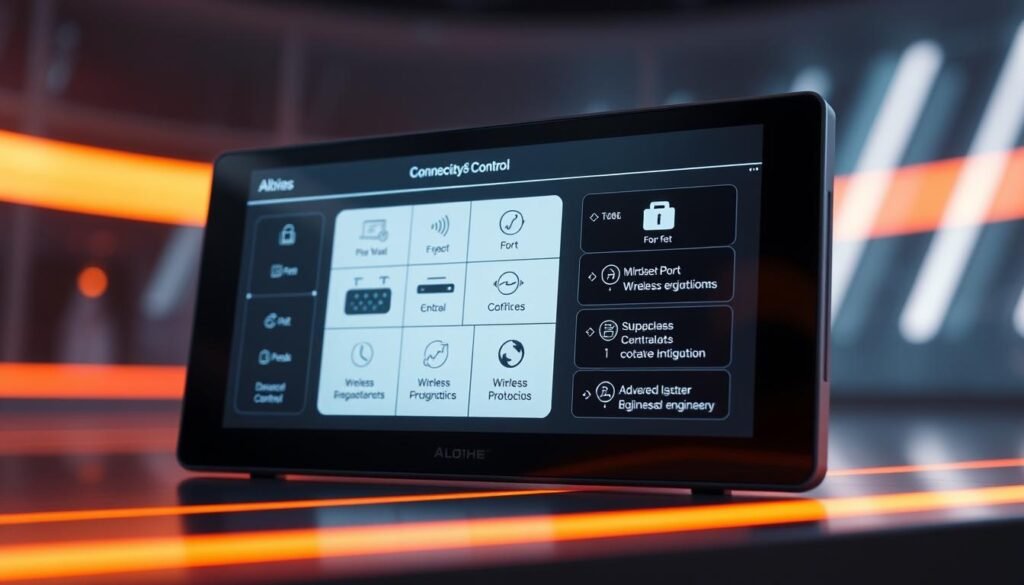 A sleek, modern display panel displaying the intricate connectivity and control capabilities of Aloha's cutting-edge display technology. The screen shows a clean, minimalist interface with crisp, high-resolution graphics illustrating the various input/output ports, wireless protocols, and advanced control options available. The display is set against a softly lit, futuristic background, with subtle lighting accents highlighting the panel's premium design and engineering. The overall composition conveys a sense of sophistication, innovation, and the seamless integration of display technology into modern wearable devices.