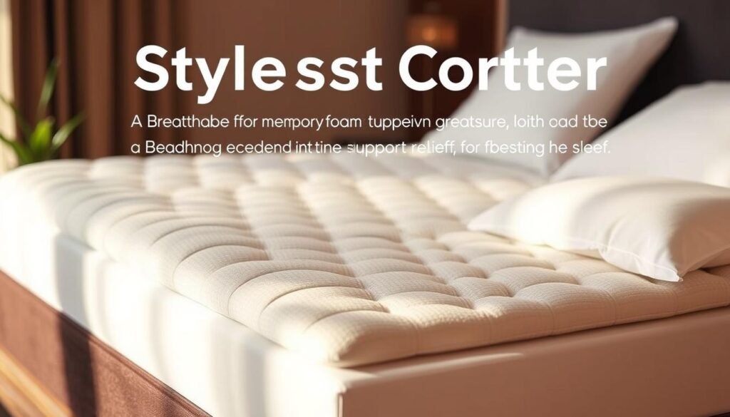 A stylish and comfortable mattress topper from StylesMaven, featuring a soft and supportive memory foam core with a breathable, hypoallergenic bamboo cover. The expertly crafted design conforms to the natural curves of the body, providing exceptional lumbar support and pressure relief for a peaceful night's sleep. Subtle quilting patterns add a touch of elegance, while the high-quality materials ensure long-lasting durability. Warm, natural lighting illuminates the topper's clean lines and inviting texture, creating a serene, spa-like atmosphere in the bedroom.