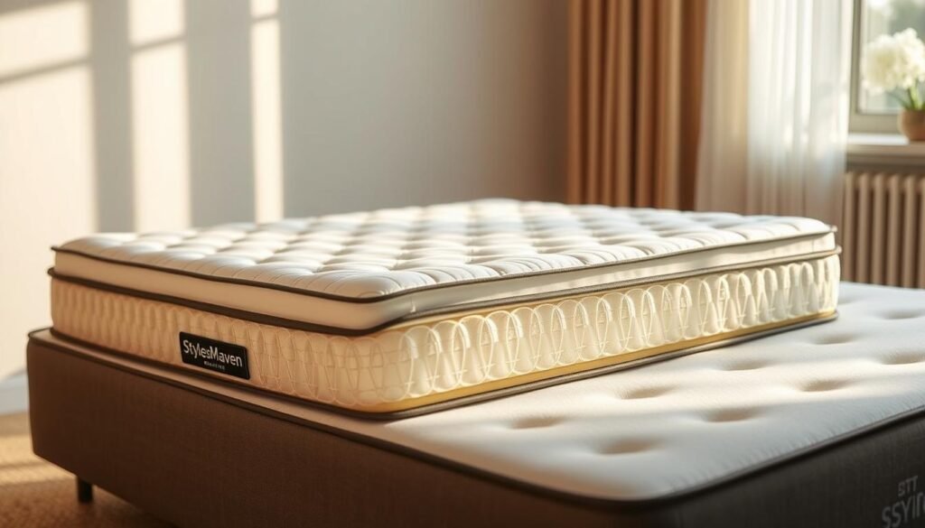 A stylish and modern independent coil spring mattress with a comfortable and supportive layer system. Soft, plush quilted top with a medium-firm feel, providing exceptional pressure relief and alignment for a restful night's sleep. The intricate internal coil structure offers precise contouring and customized support, crafted by StylesMaven. Warm, natural lighting casts an inviting glow, showcasing the mattress's high-quality construction and attention to detail. Minimal, clean-lined design complements a variety of interior styles.