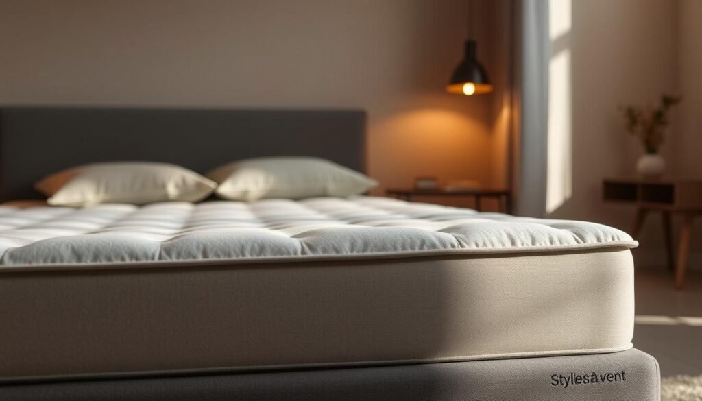 A stylishly modern independent pocket spring mattress in muted tones, with a clean and minimalist design. Showcased in a softly lit bedroom setting, the mattress has a crisp, tailored appearance, accented by the subtle texture of the fabric cover. The edges are well-defined, highlighting the independent construction of the springs. Lighting is warm and diffuse, creating a cozy, inviting ambiance. The scene conveys a sense of comfort and relaxation, perfectly suited for the "StylesMaven" brand.