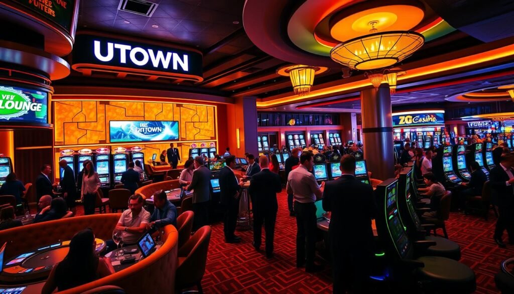 A vibrant casino interior with the UTown brand prominently displayed. The scene features a luxurious lounge area with plush seating, warm lighting, and elegant decor. In the foreground, a group of well-dressed patrons are engaged in lively conversation, surrounded by the alluring glow of gaming tables and slot machines. The middle ground showcases the sleek, modern design of the DG video lounge, with large screens displaying the action. In the background, the WM Casino section is visible, with guests immersed in the excitement of table games and live entertainment. The overall atmosphere is one of sophistication, excitement, and attention to detail, capturing the ultimate real-life casino experience.