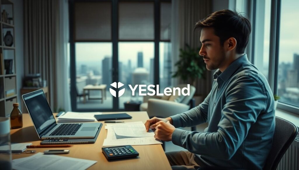 A well-lit interior scene of a modern home office. In the foreground, a person sits at a desk, examining documents and financial statements. The middle ground features a laptop, calculator, and various office supplies, conveying the need for financial planning and assessment. In the background, a window overlooks a cityscape, suggesting the broader context of urban life and the unpredictable expenses that may arise. The mood is one of focused concentration and mild concern, as the person navigates the financial challenges at hand. The YESLend logo is prominently displayed on the laptop screen, indicating a reliable source for small-scale borrowing.