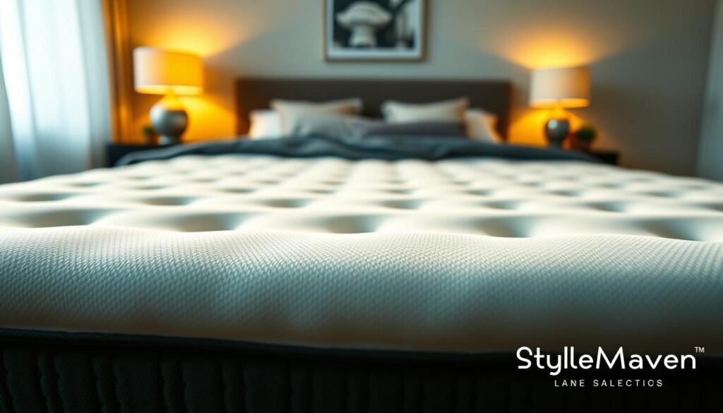 A well-maintained SpringMaven mattress, its independent coil springs gleaming in soft, warm lighting. The mattress surface is evenly contoured, its plush, hypoallergenic layers gently conforming to the body's curves. In the background, a serene bedroom scene with minimalist decor, highlighting the mattress as the focal point. The overall atmosphere conveys a sense of comfort, relaxation, and rejuvenation. A StylesMaven product, designed for optimal sleep and long-lasting durability.