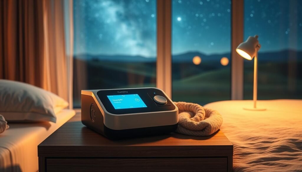 A comfortable, user-friendly iCareCPAP sleep apnea machine resting on a bedside table. The machine has a sleek, modern design with a soft blue glow emanating from the display. The table is made of natural wood, and a cozy, plush blanket is draped over the edge. Soft, warm lighting illuminates the scene, creating a calming, relaxing atmosphere. In the background, a serene landscape with rolling hills and a starry night sky can be seen through a large window, further enhancing the peaceful ambiance. The overall scene conveys the idea of a comfortable, hassle-free experience with the iCareCPAP machine, helping to alleviate common issues associated with sleep apnea treatment.