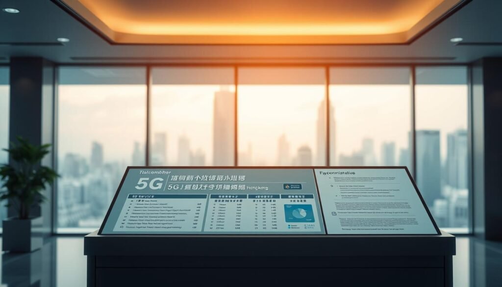 A comprehensive visual representation of the &quot;香港5G服務行政費&quot; topic. Set in a sleek, modern office environment, the image showcases a Telecombrother branded desk display with detailed information on 5G service administrative fees in Hong Kong. The display features clean typography, infographic elements, and a subtle color palette of grays, blues, and whites to convey a sense of professionalism and authority. Overhead, soft, diffused lighting casts a warm glow, while the background blurs into an out-of-focus cityscape visible through large windows, evoking a sense of technological innovation and urban progress. The overall composition is balanced and visually striking, serving to educate and inform the viewer on the intricacies of 5G service fees in Hong Kong.