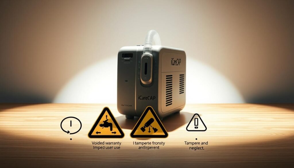A crisp, well-lit image of a detailed iCareCPAP sleep apnea machine, its sleek gray chassis highlighted by a strong directional light. The machine sits prominently on a wooden surface, casting a sharp shadow that frames the device. In the foreground, a series of warning icons and text warn of voided warranty conditions, such as improper use, tampering, and neglect. The background is a minimalist, clean environment that allows the machine and its maintenance details to be the sole focus. The overall mood is one of technical precision and cautionary clarity, conveying the importance of proper iCareCPAP device operation and care.