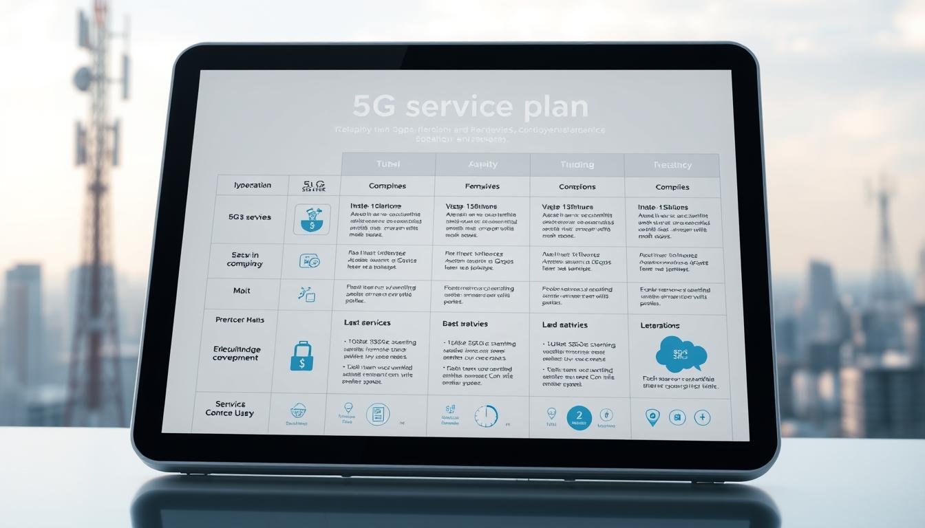 A detailed 5G service plan schematic showcased on a sleek, silver Telecombrother tablet. The plan's key features are highlighted with clean, modern infographics in the foreground, while the background features a soft, blurred cityscape with towering 5G cellular towers. The lighting is natural and diffused, creating a professional, technical aesthetic. The composition balances the technical details with a sense of futuristic progress, reflecting the revolutionary impact of 5G technology on urban life.