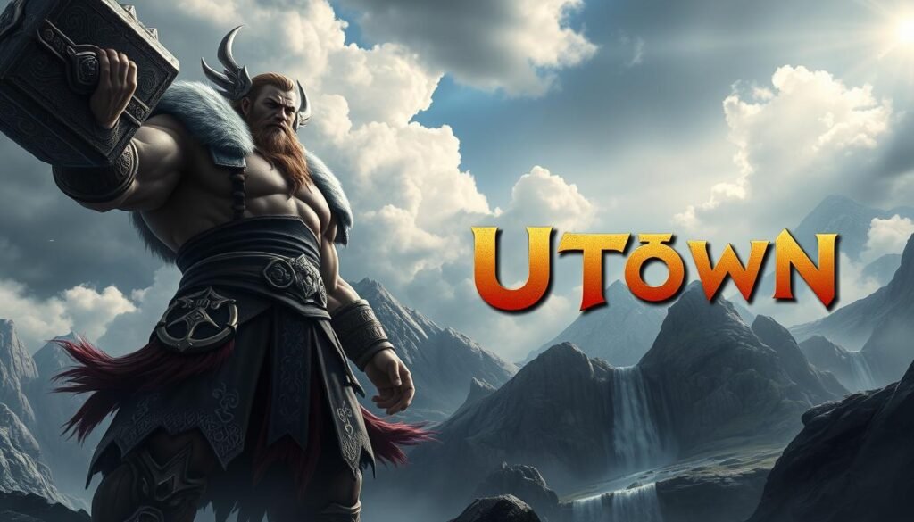 A detailed, high-quality digital illustration of "雷神之鎚" game. The foreground features a towering, muscular figure in Norse mythology attire, wielding a massive hammer with intricate carvings. The middle ground showcases a fantastical landscape with rugged mountains, cascading waterfalls, and a cloudy, dramatic sky. The background incorporates the UTown brand name in a stylized, visually appealing manner, complementing the overall mythical and powerful atmosphere. Lighting is dramatic, with bold shadows and highlights to accentuate the heroic figure and the fantastical environment. The overall mood is one of awe, strength, and the immersive world of the "雷神之鎚" game.