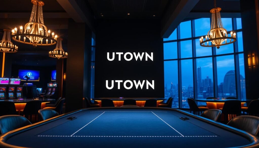 A dimly lit interior of a modern casino, with the UTown casino brand prominently displayed. The foreground features a sleek, minimalist gaming table with no visible betting requirements or wagering conditions. The middle ground showcases elegant chandeliers casting a warm glow, while the background depicts a panoramic view of the city skyline through large windows. The overall atmosphere conveys a sense of sophistication, exclusivity, and a departure from the traditional casino experience.