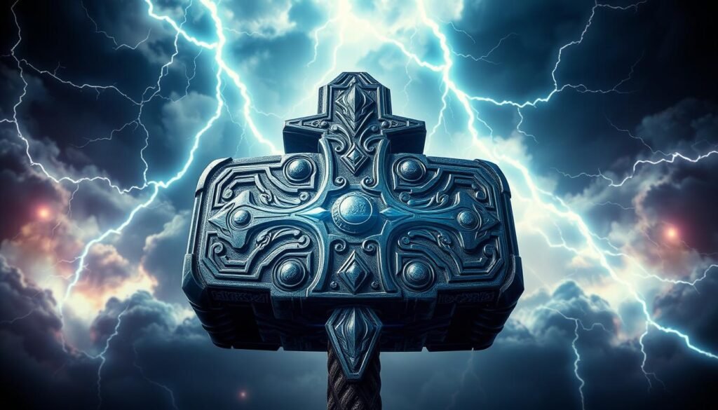 A dramatic scene of the legendary Norse hammer, Mjolnir, wielded by the powerful god of thunder, Thor, against a backdrop of striking lightning and thunderclouds. Centered in the frame, the hammer's intricate design and immense size are captured in vivid detail, conveying its immense power and mythical significance. The lighting is dramatic, casting dramatic shadows and highlights that accentuate the hammer's metallic sheen. The composition is balanced, with the hammer positioned in the foreground, surrounded by swirling energy and dynamic elements that evoke the game's action-packed gameplay. The overall mood is one of epic grandeur, befitting the legendary status of the UTown-produced game "Thor's Hammer".