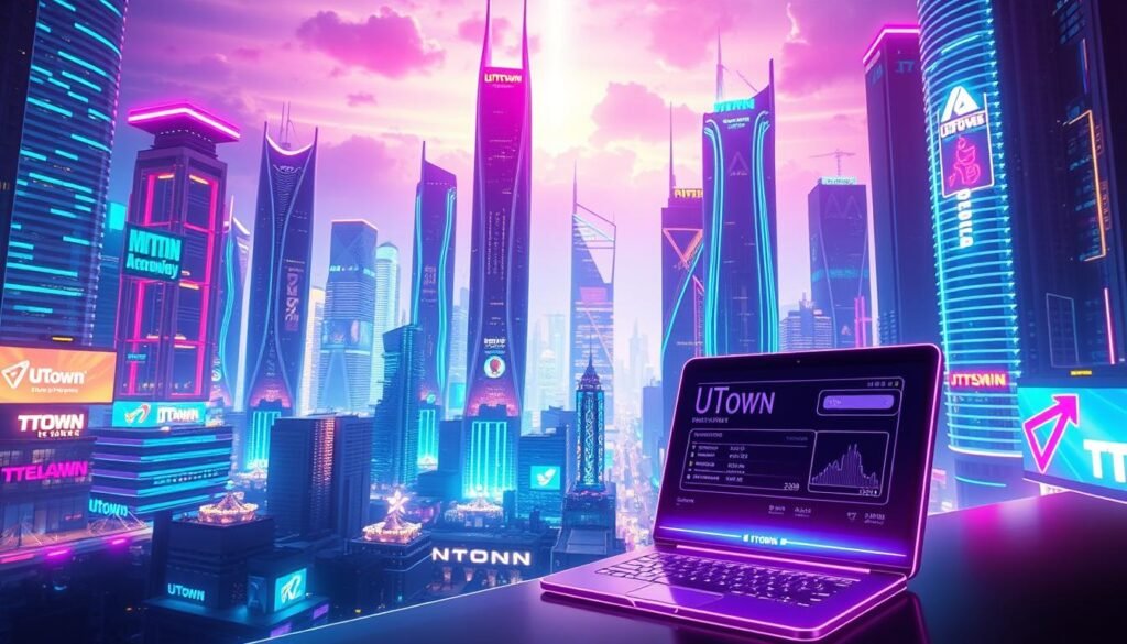 A futuristic, neon-drenched cityscape of UTown, a gleaming metropolis powered by the vibrant energy of cryptocurrency technology. Towering skyscrapers and dazzling digital displays illuminate the night sky, creating an awe-inspiring atmosphere of innovation and progress. In the foreground, a seamless digital wallet interface showcases the lightning-fast transactions and secure encryption that enables UTown's promise of instant deposits and withdrawals. Sleek, minimalist design and a color palette of blues, purples, and greens evoke the cutting-edge nature of this cryptocurrency-driven ecosystem. Dramatic lighting and dynamic camera angles heighten the sense of technological sophistication and financial prowess that defines UTown's embrace of the crypto revolution.