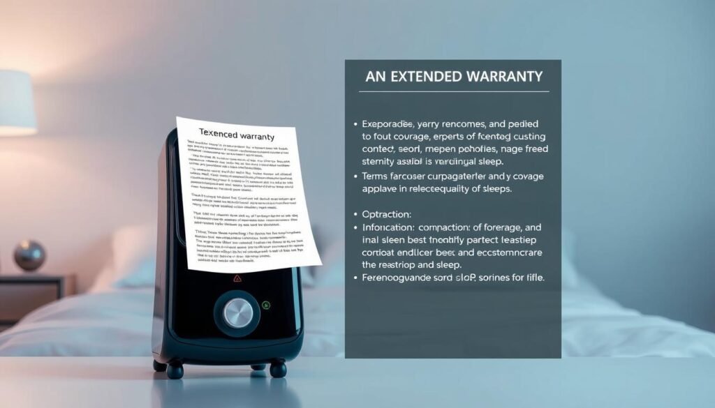 A high-quality, glossy iCareCPAP sleep apnea machine stands prominently in the foreground, its sleek design and intuitive controls inviting the user to experience its advanced features. In the middle ground, a detailed visual representation of the extended warranty terms and conditions unfolds, displaying the comprehensive coverage and support options available to the user. The background showcases a serene, calming environment, with soft lighting and muted colors that convey a sense of relaxation and comfort, reinforcing the machine's role in providing restful, uninterrupted sleep.
