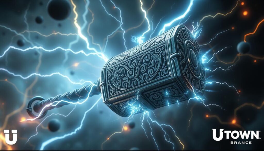 A magnificent, ornate hammer wielded by the mighty Thor, the Norse god of thunder, floating in a dynamic, ethereal void. Intricate runic carvings cover the hammer's surface, pulsing with an otherworldly energy. Beams of lightning crackle and arc around the hammer, illuminating its unique gameplay mechanics. The hammer is the central focus, surrounded by a swirling vortex of cosmic energy and mystical elements. The overall scene conveys a sense of power, mysticism, and the UTown brand's signature visual style.