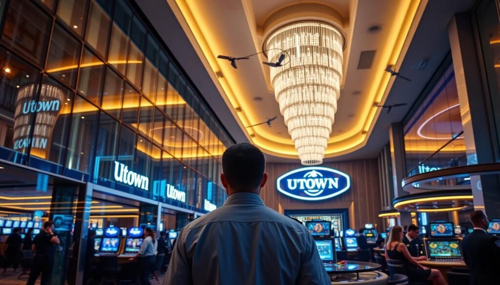 A modern, luxurious casino with the UTown brand, showcasing its high-security measures and robust privacy safeguards. Sleek glass facades and elegant interiors bathed in warm, ambient lighting. Uniformed security personnel meticulously monitoring the premises, ensuring a safe and discreet gaming experience for patrons. Discreet surveillance systems blending seamlessly into the architectural design, safeguarding the privacy and confidentiality of all visitors. An atmosphere of exclusivity, sophistication, and unwavering safety.