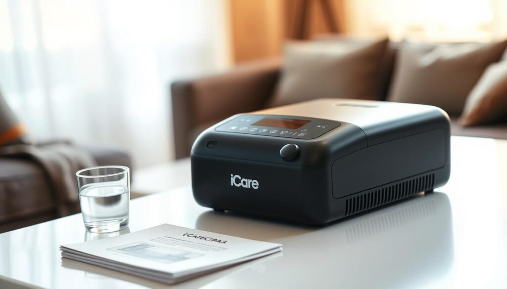 A pristine, high-resolution image of the "iCareCPAP" sleep apnea machine. The machine is displayed on a clean, minimalist table, bathed in soft, warm lighting. The foreground showcases the machine's sleek, modern design, with its matte black finish and streamlined controls. The middle ground includes a neatly folded instruction manual and a small, elegant glass of water, conveying a sense of simplicity and attention to detail. The background is a serene, blurred interior, suggesting a comfortable, domestic setting. The overall mood is one of tranquility and professionalism, reflecting the importance of proper maintenance and care for this essential medical device.