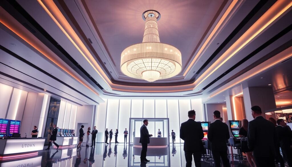 A pristine, ultra-modern casino interior with sleek, minimalist design. The lobby features a large, central chandelier casting a warm, ambient glow. Smartly dressed staff members stand ready to assist guests. In the foreground, a group of people engaged in a &quot;real-life&quot; weekly challenge task, immersed in the experience. The scene conveys a sense of excitement, sophistication and luxury, perfectly capturing the essence of the UTown entertainment resort.