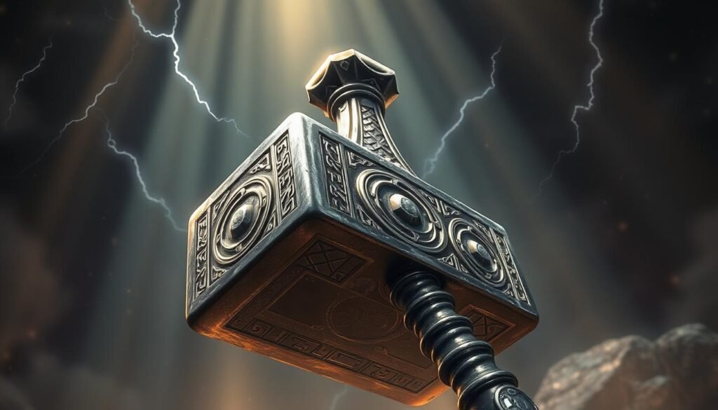 A realistic, high-resolution illustration of the mythical "UTown Mjolnir" hammer from the Norse legend of Thor, the God of Thunder. The hammer is depicted in great detail, with intricate patterns and runes carved into its metallic surface. The image showcases the hammer's immense power and the awe-inspiring might of the Norse deity, creating a sense of grandeur and reverence. The lighting is dramatic, with beams of celestial light illuminating the hammer and casting long shadows. The overall scene evokes a sense of ancient mysticism and the supernatural forces of the Norse pantheon.