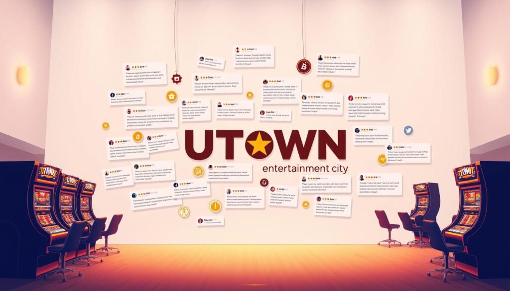 A striking and contemporary illustration of UTown Entertainment City's user reviews and reputation. Set against a clean, minimalist backdrop, a dynamic collage of user testimonials, social media posts, and digital review badges captures the positive sentiment and trustworthiness of this cutting-edge crypto-powered gambling platform. Warm lighting accentuates the modern, sleek aesthetic, while a slightly tilted camera angle adds visual interest and dynamism. The overall mood is one of approachability, transparency, and technological innovation, reflecting UTown's commitment to delivering a seamless, hassle-free user experience.