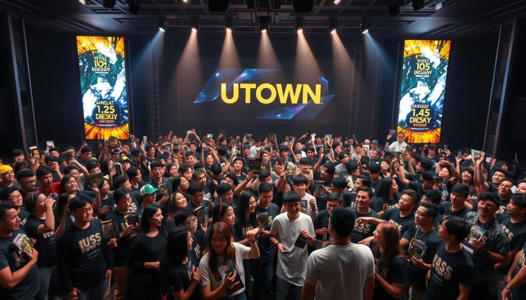 A well-lit stage featuring a large group of enthusiastic players gathered to celebrate their weekly mission achievements at the UTown entertainment complex. The foreground showcases a diverse array of people, each proudly displaying their hard-earned rewards, ranging from cash prizes to exclusive in-game items. The middle ground captures the lively interaction and camaraderie among the players, as they share their stories of success and strategies. The background subtly hints at the sleek, modern design of the UTown venue, with dynamic lighting and a touch of futuristic flair, creating an immersive and celebratory atmosphere.
