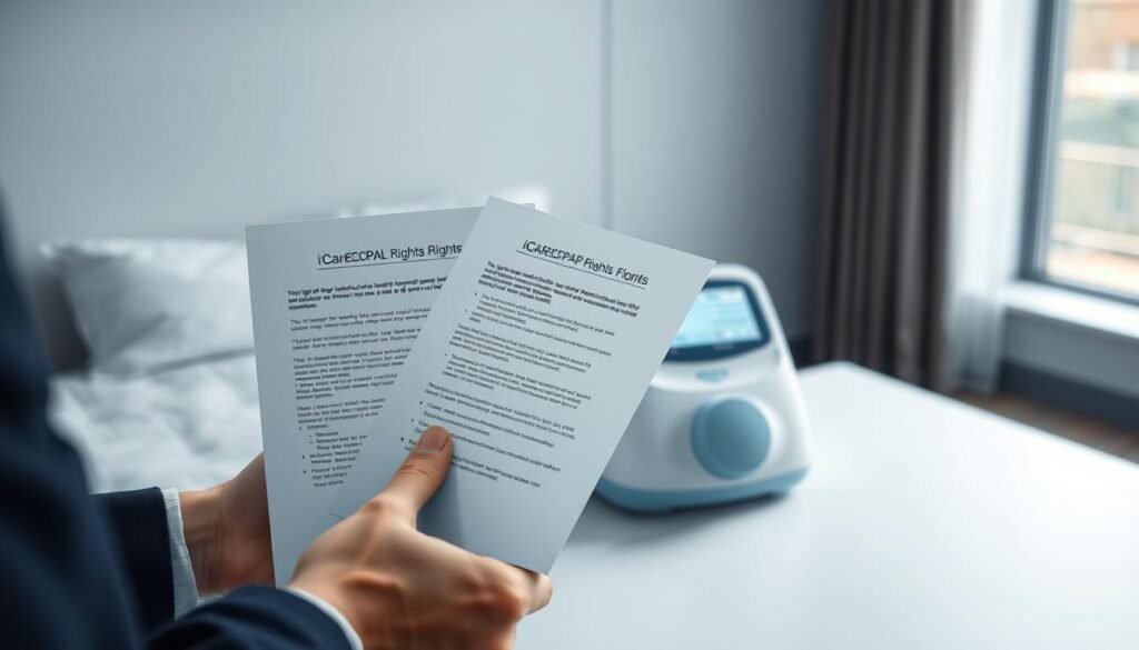 Detailed illustration of a user's legal rights and protections for iCareCPAP sleep apnea machines. In the foreground, a person's hands holding legal documents, symbolizing their rights. In the middle ground, an iCareCPAP machine with clear warranty information displayed. In the background, a serene, calm environment with soft lighting, conveying a sense of security and wellbeing. The overall mood is professional, trustworthy, and reassuring, reflecting the importance of safeguarding user interests. The image should be crisp, well-lit, and color-balanced to maximize clarity and impact.