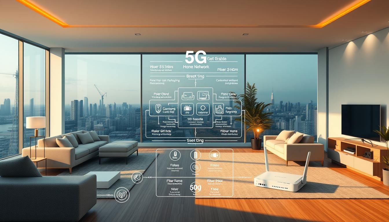Telecombrother's sleek and futuristic home network setup, showcasing a side-by-side comparison of 5G wireless and fiber optic broadband technologies. The foreground features two identical modern living rooms, one with a 5G modem and the other with a fiber optic router, both connected to various smart home devices. The middle ground depicts a detailed schematic diagram, highlighting the technical specifications and performance differences between the two broadband solutions. The background portrays a cityscape, with 5G cell towers and fiber optic cables running through the urban landscape, creating a sense of technological progress and connectivity. Warm lighting and a color palette of blues, grays, and whites evoke a clean, sophisticated atmosphere.