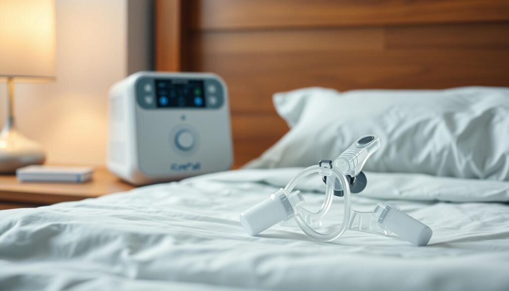 A clinical sleep therapy device, the iCareCPAP machine rests on a bedside table, its sleek, minimalist design in shades of white and gray. The machine's digital display and intuitive controls are visible, showcasing its advanced features. In the foreground, a realistic CPAP mask lies on the sheets, its flexible silicone material and comfortable fit evident. The background features a serene bedroom setting, with a wooden headboard, soft lighting, and a calming color palette, creating a peaceful atmosphere. The entire scene conveys the effectiveness and user-friendly nature of the iCareCPAP system, highlighting its advantages over traditional sleep apnea treatments.