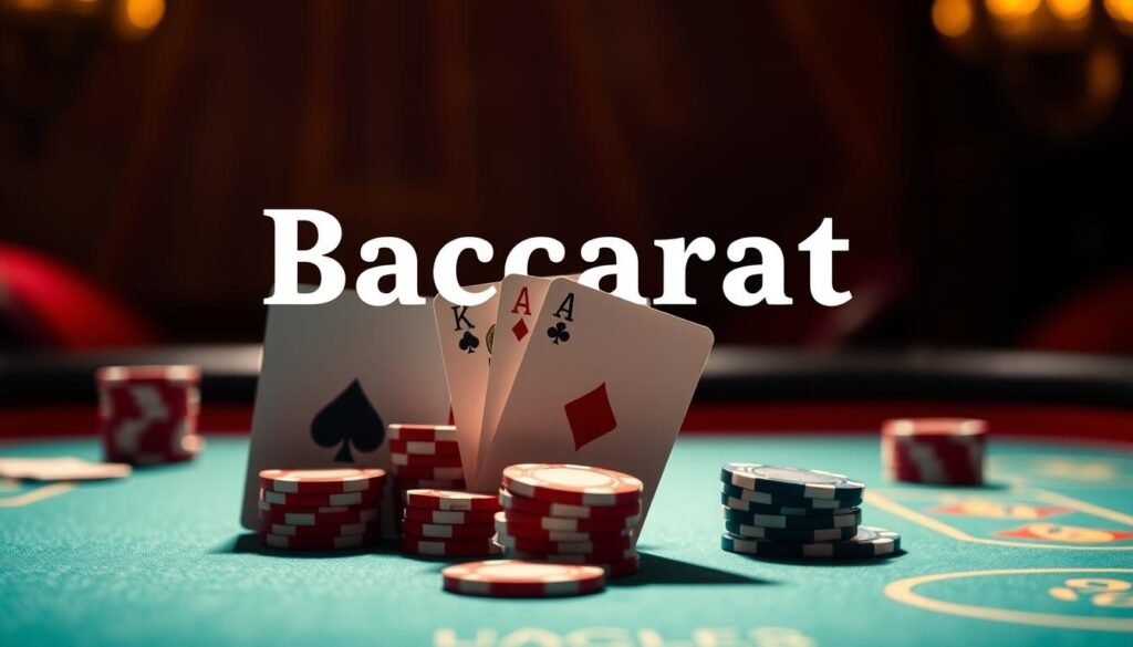 A visually striking depiction of the fundamental rules of Baccarat, the classic casino card game. Set against a softly blurred backdrop, the foreground showcases the key gameplay elements with crystalline clarity: a deck of playing cards, poker chips in vibrant hues, and the distinctive Baccarat table layout with its distinct player and banker positions. Dramatic chiaroscuro lighting casts dramatic shadows, evoking the tense, high-stakes atmosphere of the casino floor. The overall composition strikes a balance between realistic detail and a stylized, almost cinematic aesthetic, making it an ideal visual accompaniment to the article's "Baccarat Rules Overview" section.