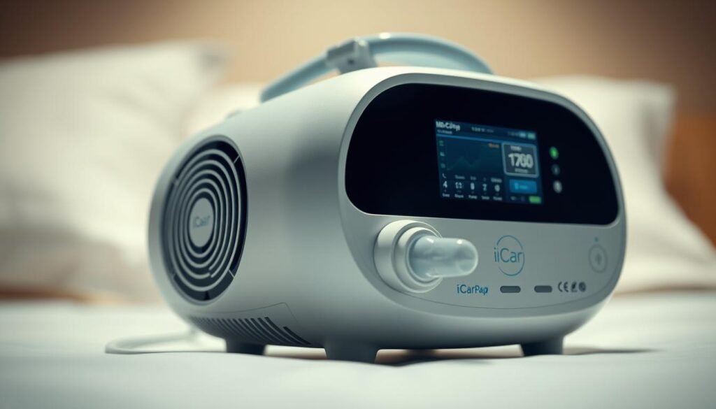 A well-lit, high-resolution close-up shot of the iCareCPAP sleep apnea machine, showcasing its modern, sleek design with clean lines and a minimalist aesthetic. The machine is positioned prominently in the center of the frame, with a soft, even lighting creating a sense of refinement and professionalism. The background is blurred, drawing the viewer's focus to the machine's intricate details, such as the smooth control panel, the discreet air vent, and the ergonomic mask interface. The overall atmosphere conveys a sense of medical sophistication and technological innovation, reflecting the advanced features and capabilities of the iCareCPAP system.