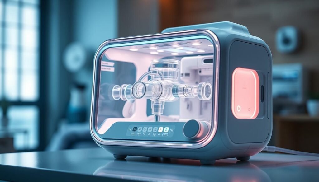 A high-quality, futuristic medical device displaying the latest in sleep apnea treatment technology. An iCareCPAP machine, its sleek, minimalist design featuring a transparent housing that showcases its internal mechanisms. Soft, ambient lighting illuminates the device, creating a sense of calm and advanced medical care. The machine's control panel is intuitively laid out, with clear indicators for pressure settings, airflow, and other vital functions. In the background, a blurred medical environment suggests a clinical, yet comfortable setting. The overall impression is one of cutting-edge, personalized sleep therapy that seamlessly integrates into the user's lifestyle. A high-quality, futuristic medical device displaying the latest in sleep apnea treatment technology. An iCareCPAP machine, its sleek, minimalist design featuring a transparent housing that showcases its internal mechanisms. Soft, ambient lighting illuminates the device, creating a sense of calm and advanced medical care. The machine's control panel is intuitively laid out, with clear indicators for pressure settings, airflow, and other vital functions. In the background, a blurred medical environment suggests a clinical, yet comfortable setting. The overall impression is one of cutting-edge, personalized sleep therapy that seamlessly integrates into the user's lifestyle.