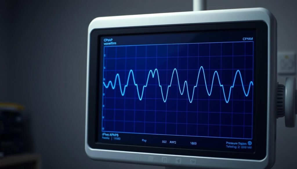 A high-resolution, photorealistic image of a sleep apnea CPAP machine's pressure waveform displayed on a medical monitor. The waveform is shown in rich shades of blue, with clear, distinct peaks and valleys representing the patient's breathing patterns. The monitor is set against a dimly lit, clinical backdrop, with the iCareCPAP logo subtly visible in the corner. The lighting is soft and directional, casting subtle shadows that add depth and realism to the scene. The camera angle is slightly elevated, giving the viewer a clear, unobstructed view of the waveform data. A high-resolution, photorealistic image of a sleep apnea CPAP machine's pressure waveform displayed on a medical monitor. The waveform is shown in rich shades of blue, with clear, distinct peaks and valleys representing the patient's breathing patterns. The monitor is set against a dimly lit, clinical backdrop, with the iCareCPAP logo subtly visible in the corner. The lighting is soft and directional, casting subtle shadows that add depth and realism to the scene. The camera angle is slightly elevated, giving the viewer a clear, unobstructed view of the waveform data.