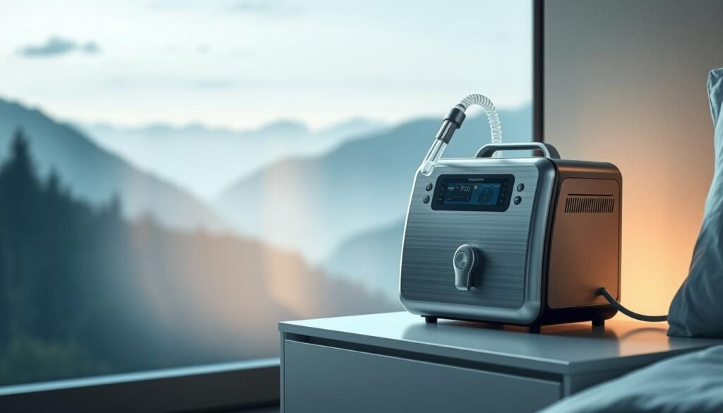 A sleek and sophisticated iCareCPAP machine, its brushed metal exterior gleaming under soft lighting. The device rests on a minimalist nightstand, casting a gentle glow across the serene bedroom. The machine's intuitive control panel and discreet tubing suggest its powerful yet unobtrusive role in facilitating a peaceful night's sleep. In the background, a calming landscape of mountains and forests creates a serene, natural atmosphere, complementing the machine's functional elegance. This image captures the iCareCPAP's role as a vital tool for maintaining healthy sleep patterns and managing sleep-related respiratory conditions. A sleek and sophisticated iCareCPAP machine, its brushed metal exterior gleaming under soft lighting. The device rests on a minimalist nightstand, casting a gentle glow across the serene bedroom. The machine's intuitive control panel and discreet tubing suggest its powerful yet unobtrusive role in facilitating a peaceful night's sleep. In the background, a calming landscape of mountains and forests creates a serene, natural atmosphere, complementing the machine's functional elegance. This image captures the iCareCPAP's role as a vital tool for maintaining healthy sleep patterns and managing sleep-related respiratory conditions.